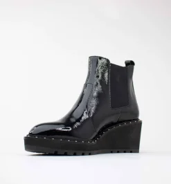 Cecelia New York-Gemma Slip On Low Wedge Boot Black Patent