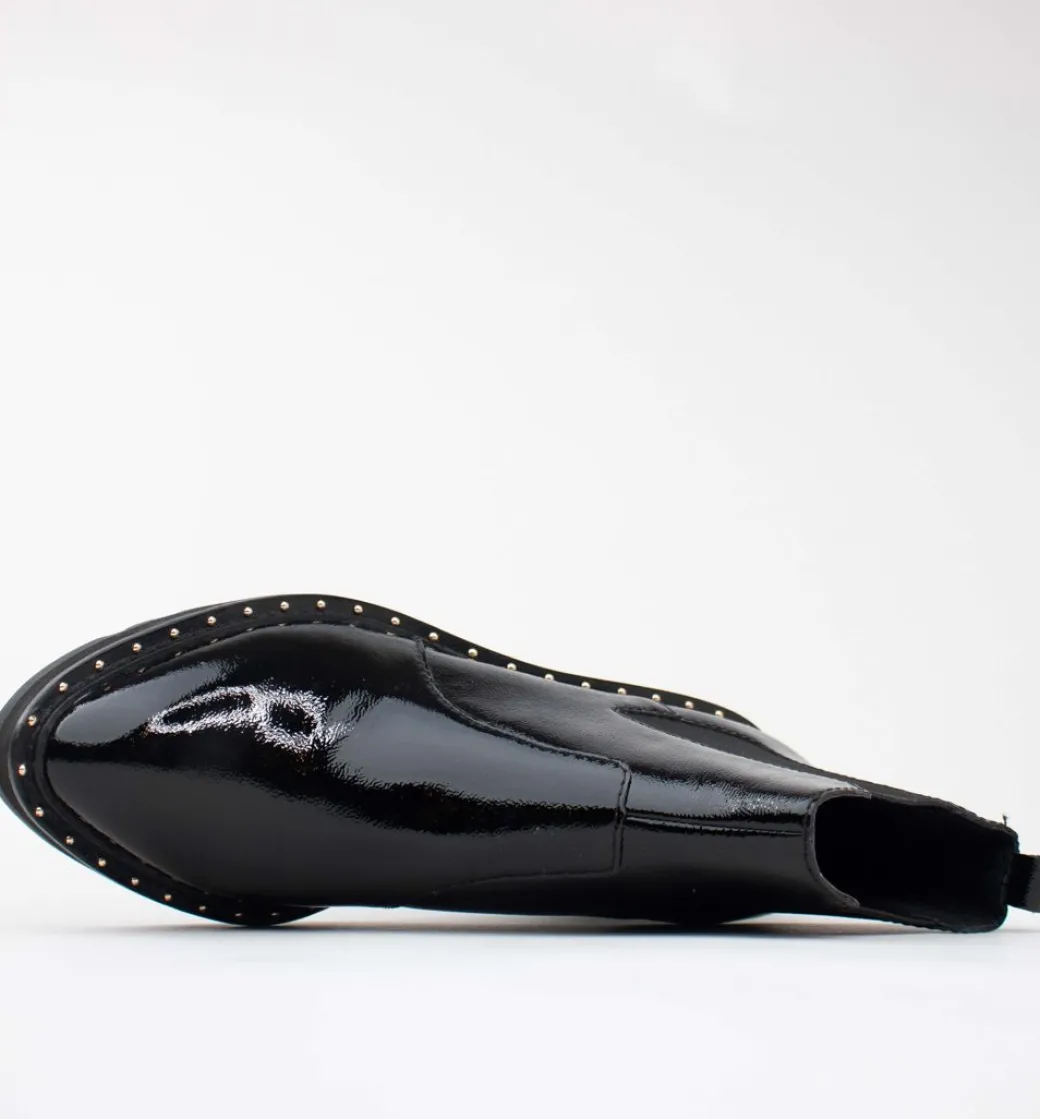 Cecelia New York-Gemma Slip On Low Wedge Boot Black Patent