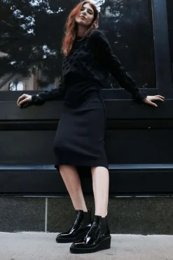 Cecelia New York-Gemma Slip On Low Wedge Boot Black Patent