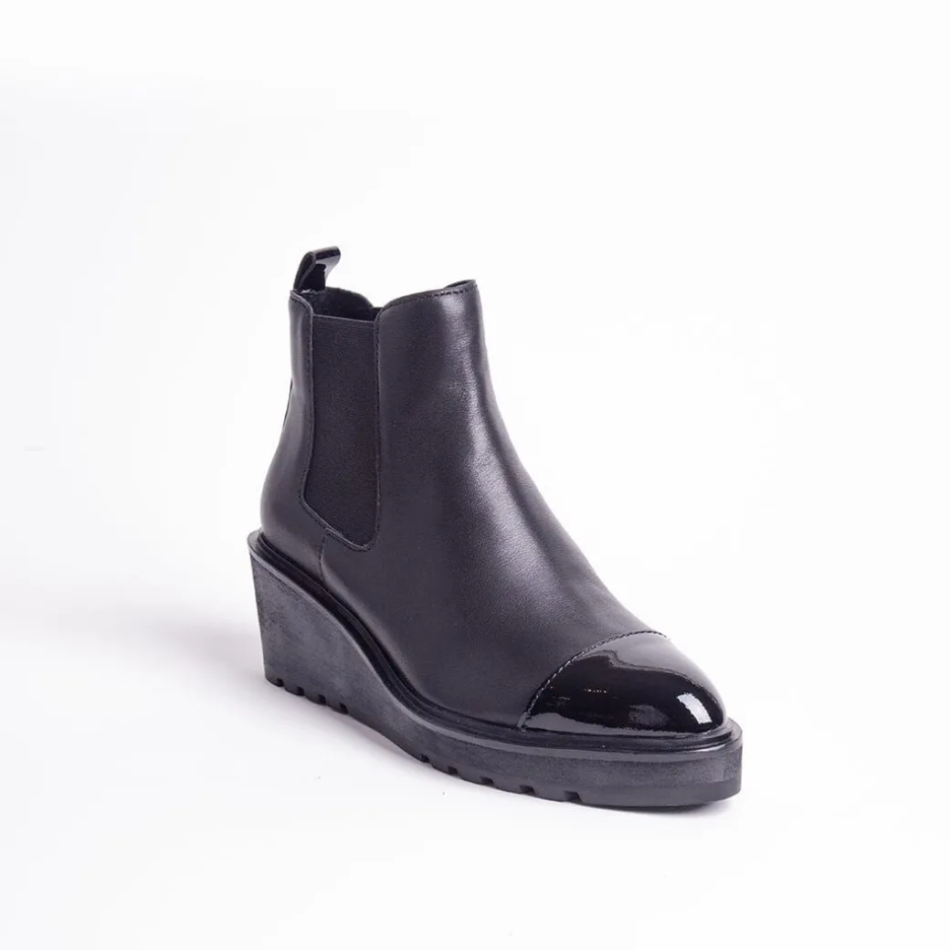 Cecelia New York-Gemmain Captoe Slip On Low Wedge Boot Black Leather