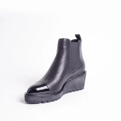 Cecelia New York-Gemmain Captoe Slip On Low Wedge Boot Black Leather