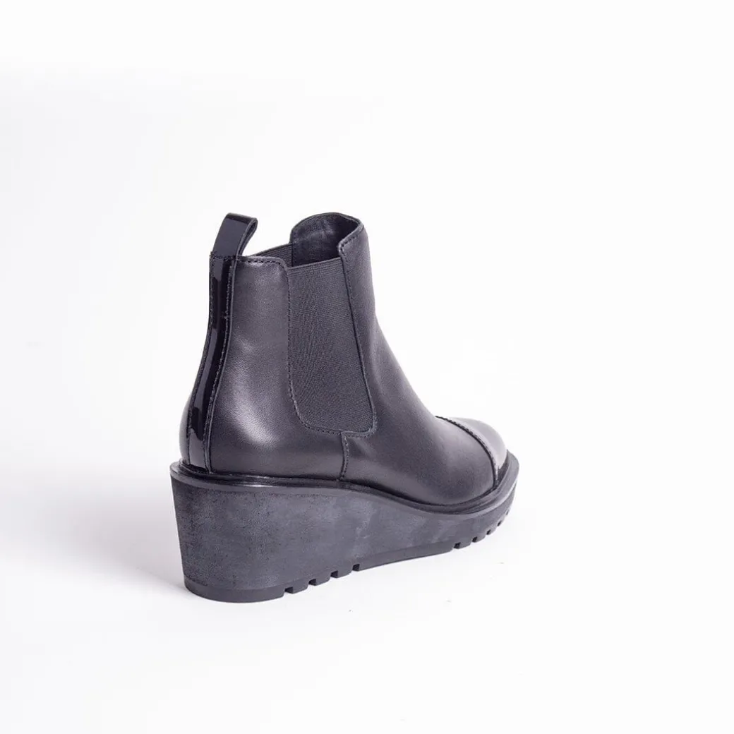 Cecelia New York-Gemmain Captoe Slip On Low Wedge Boot Black Leather