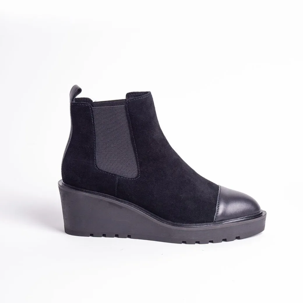 Cecelia New York-Gemmain Captoe Slip On Low Wedge Boot Black Suede