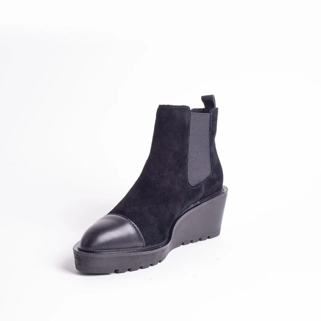 Cecelia New York-Gemmain Captoe Slip On Low Wedge Boot Black Suede